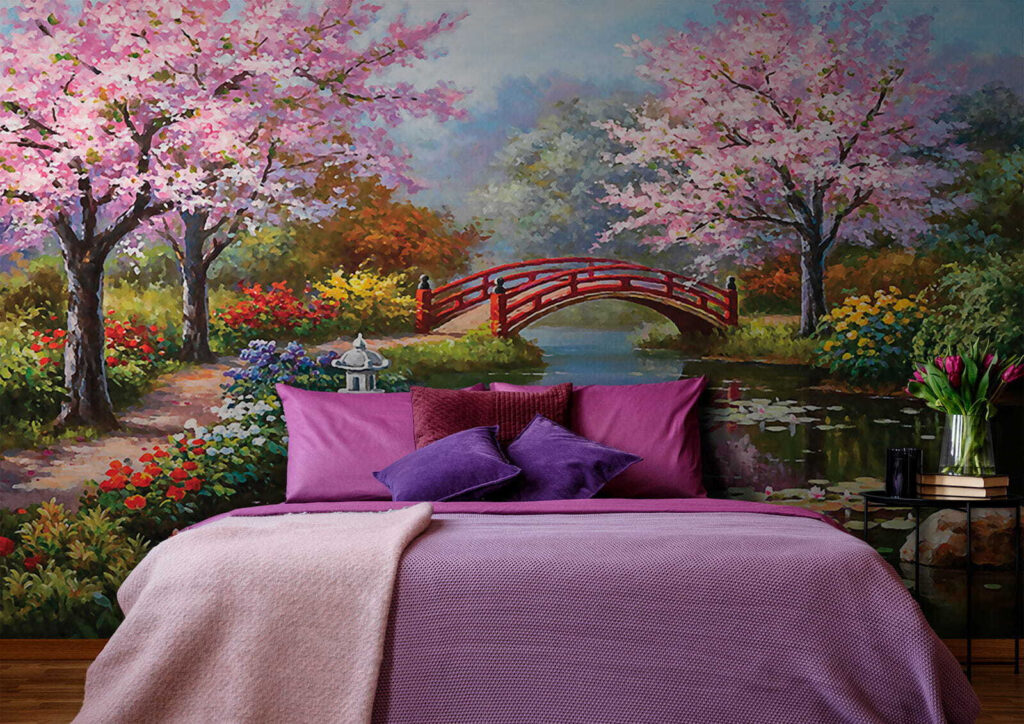 Painting of a pond with a bridge and flowers u35418pib1 1024x724 - Painting of a pond with a bridge and flowers