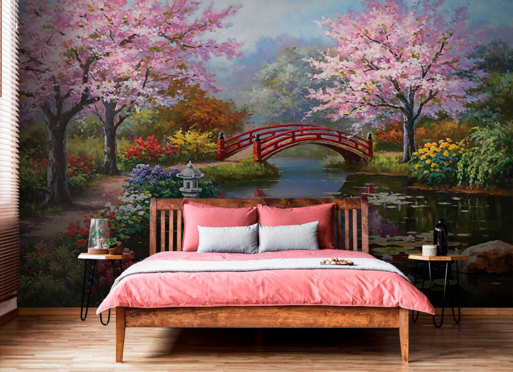 Painting of a pond with a bridge and flowers u35418pib2 1024x742 - Painting of a pond with a bridge and flowers