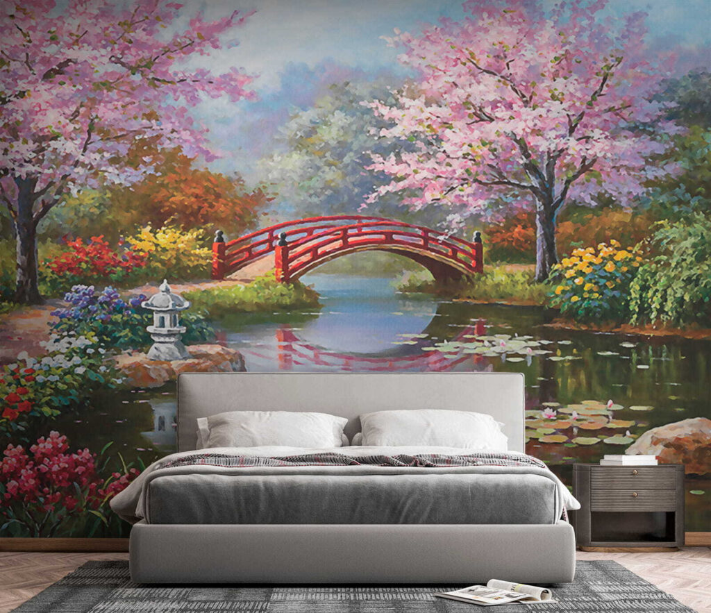 Painting of a pond with a bridge and flowers u35418pib3 1024x883 - Painting of a pond with a bridge and flowers