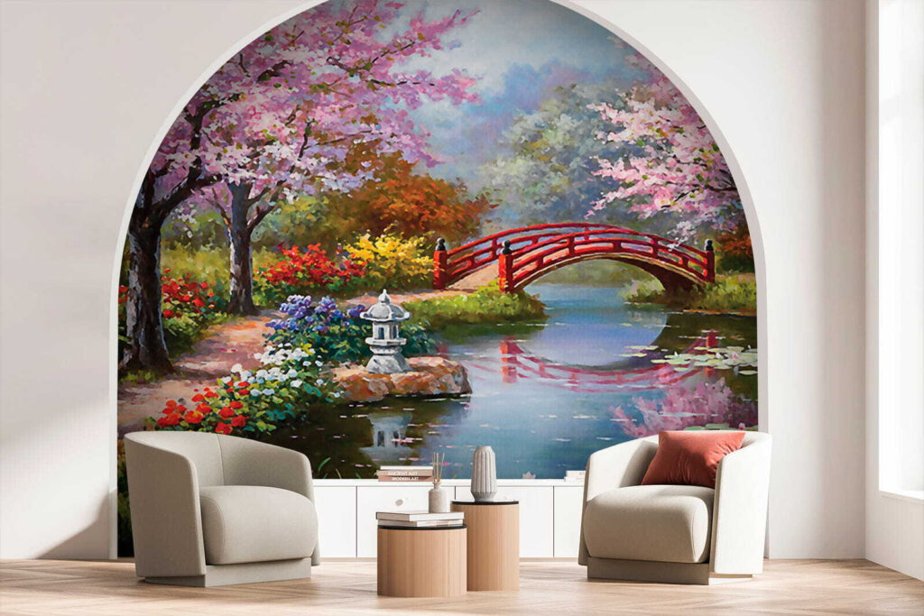 Painting of a pond with a bridge and flowers u35418pig1 1024x683 - Painting of a pond with a bridge and flowers