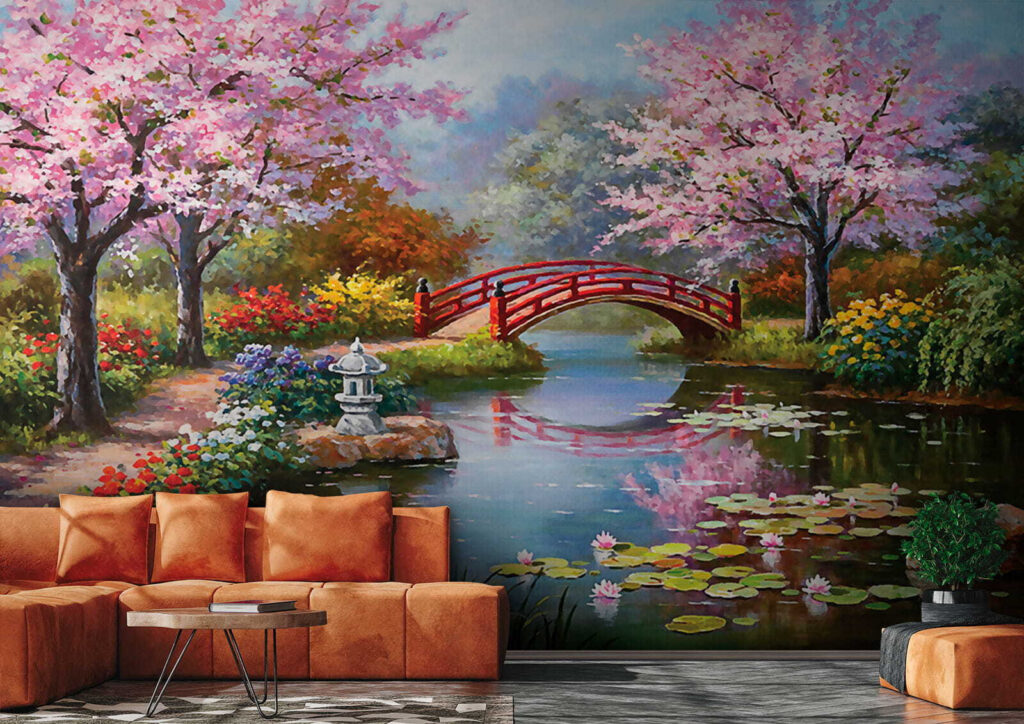Painting of a pond with a bridge and flowers u35418pig2 1024x724 - Painting of a pond with a bridge and flowers
