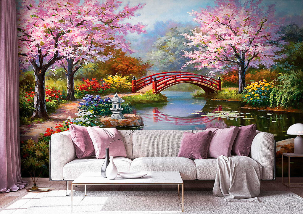 Painting of a pond with a bridge and flowers u35418pig3m 1024x723 - Painting of a pond with a bridge and flowers