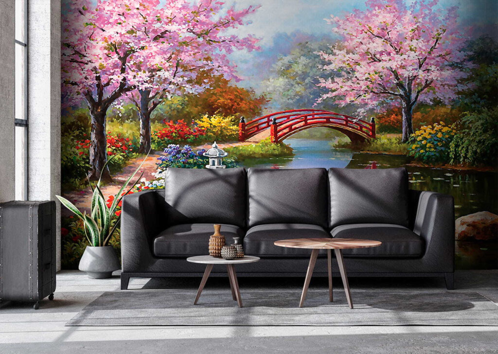 Painting of a pond with a bridge and flowers u35418pig4 1024x728 - Painting of a pond with a bridge and flowers