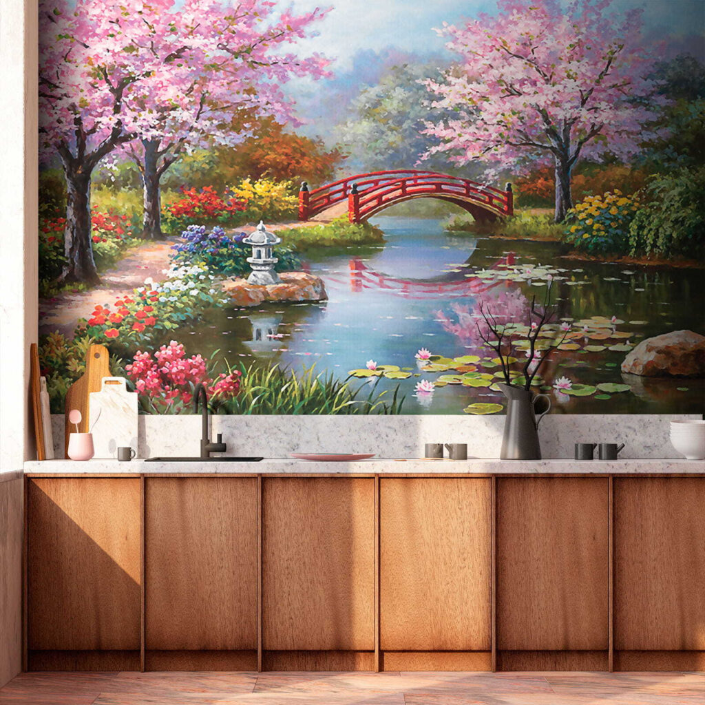 Painting of a pond with a bridge and flowers u35418pik2 1024x1024 - Painting of a pond with a bridge and flowers