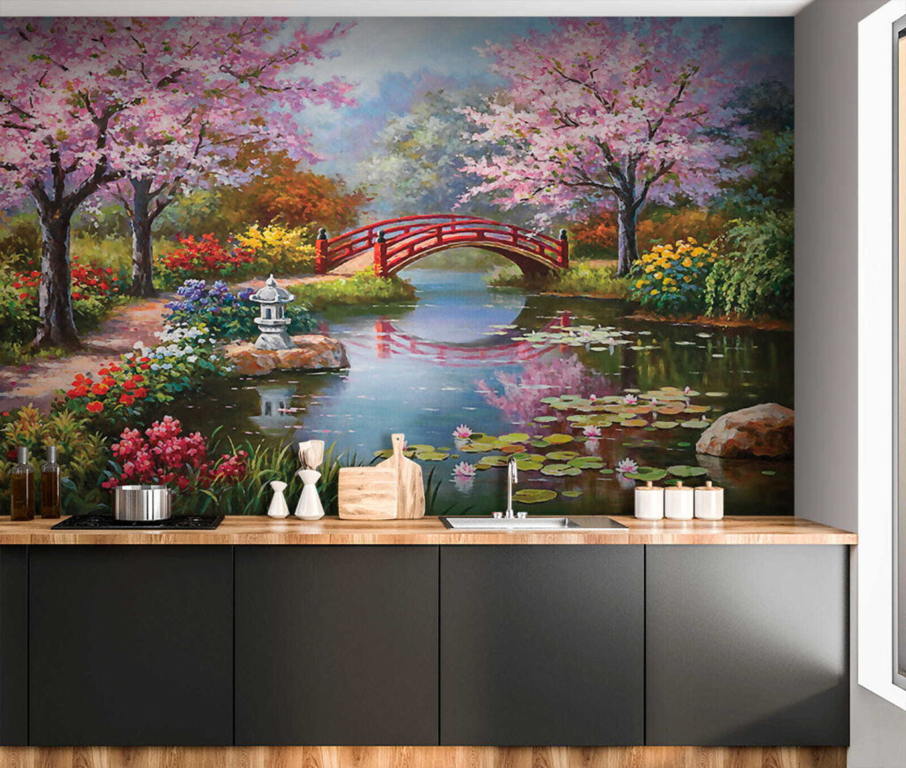 Painting of a pond with a bridge and flowers u35418pik3 1024x868 - Painting of a pond with a bridge and flowers