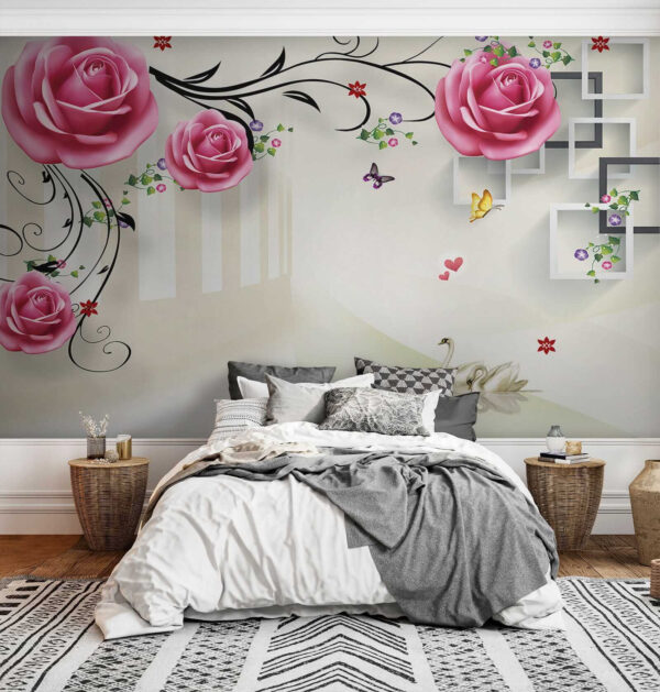 Wallpaper with roses and birds Wallpaper with roses and birds