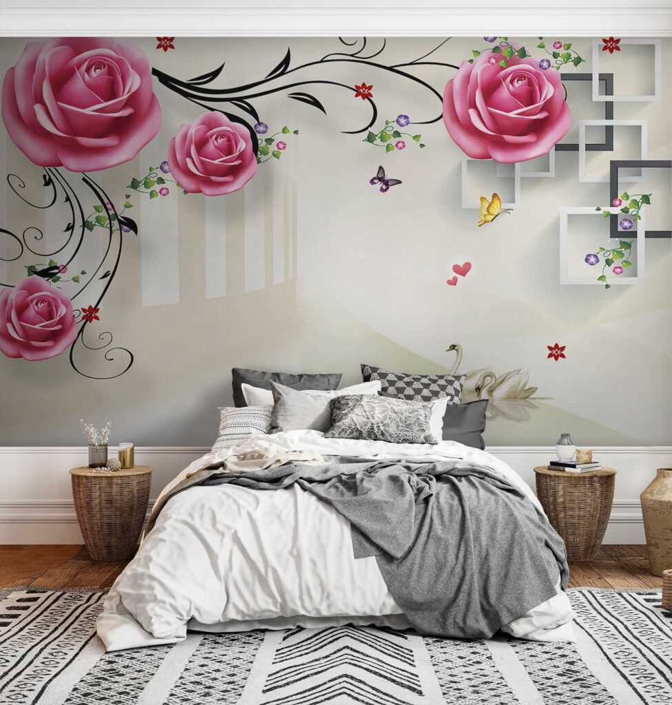 Wallpaper with roses and birds Wallpaper with roses and birds