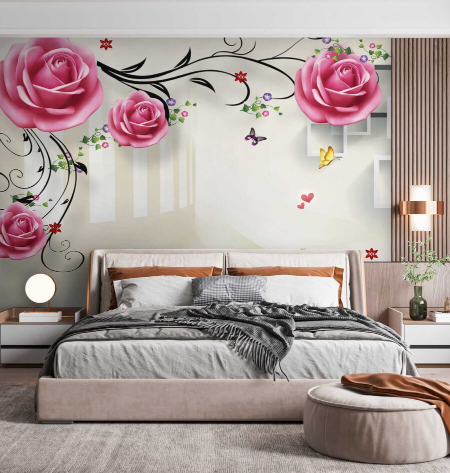 Wallpaper with roses and birds