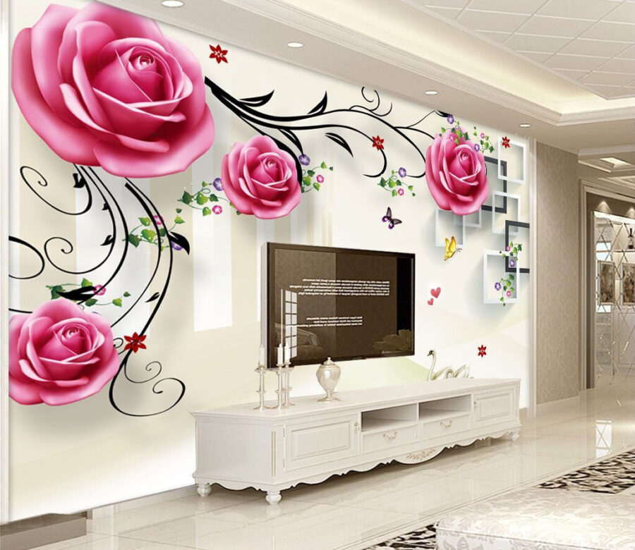 Wallpaper with roses and birds