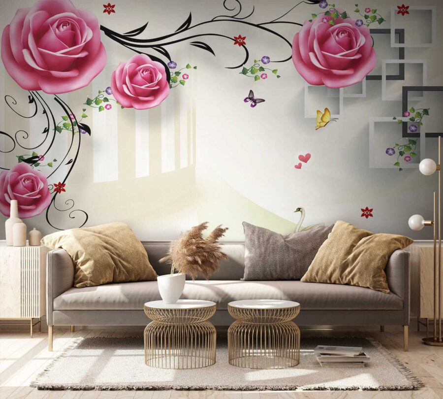 Wallpaper with roses and birds