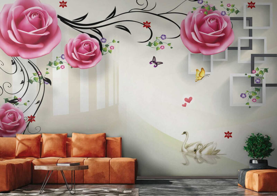 Wallpaper with roses and birds