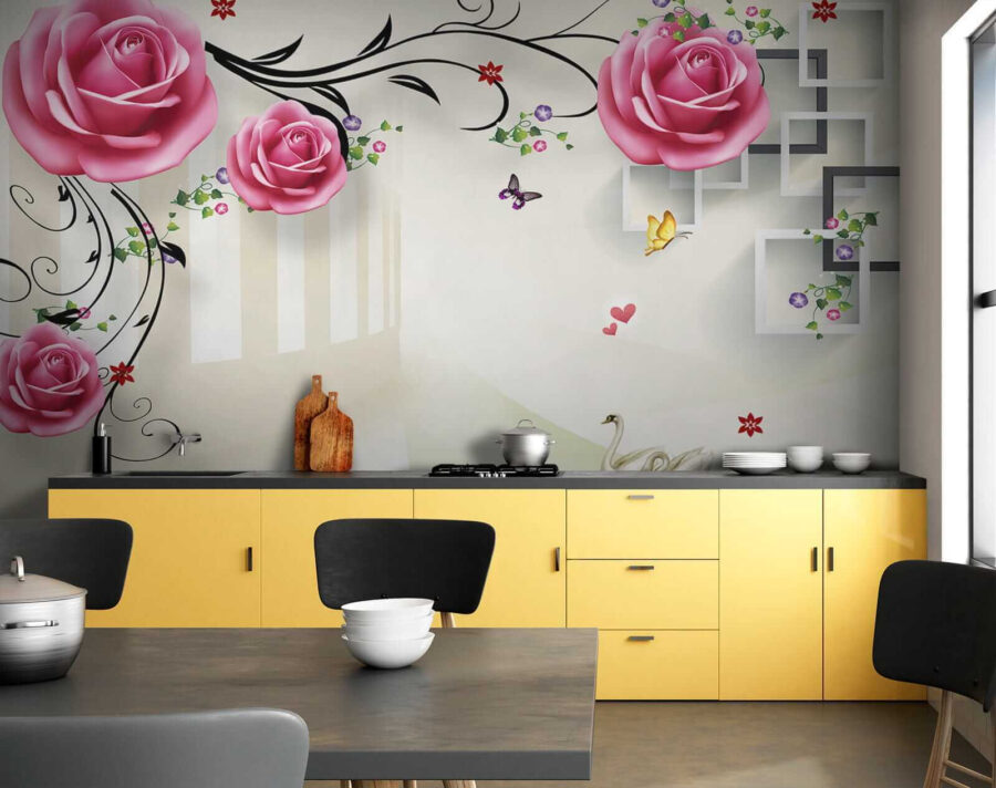 Wallpaper with roses and birds