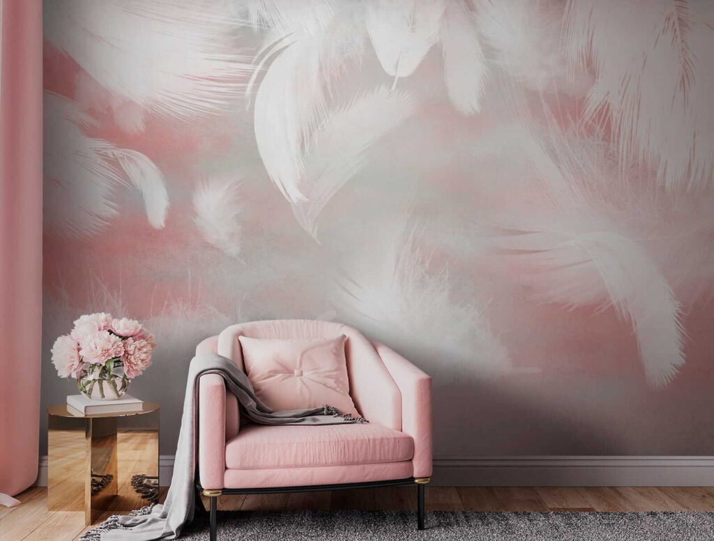 White feathers on a pink background White feathers on a pink background