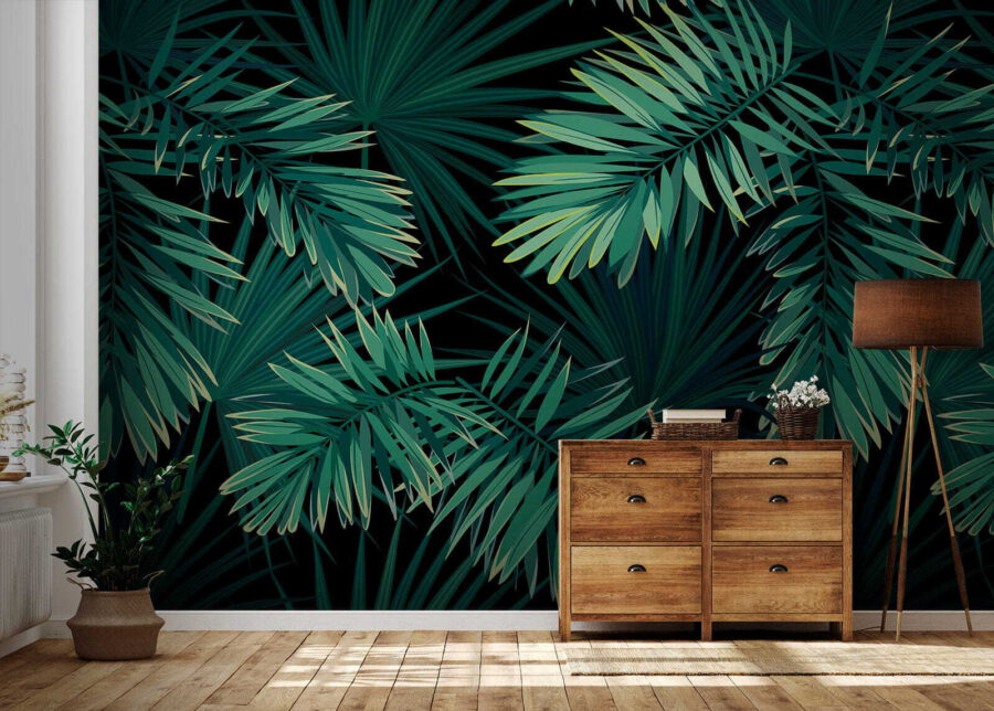 Tropical leaves on a dark background.