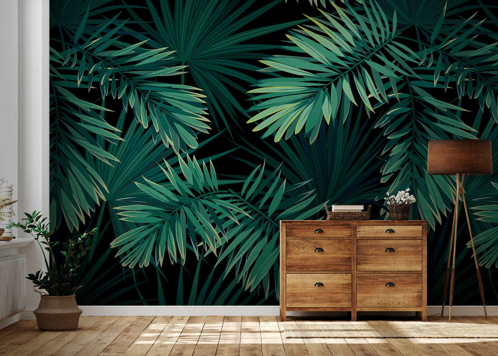 Tropical leaves on a dark background.