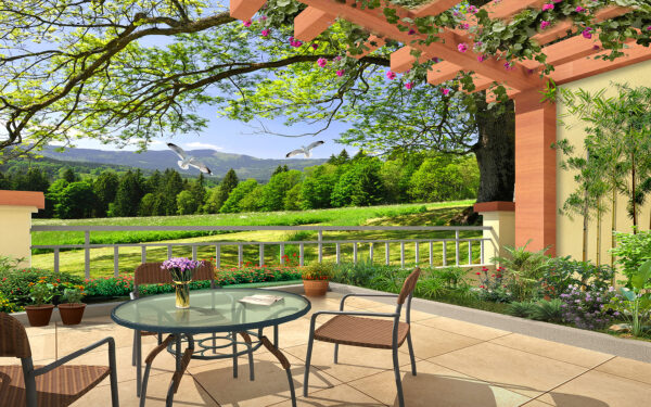 Patio with a table and chairs and a view of a green field Patio with a table and chairs and a view of a green field