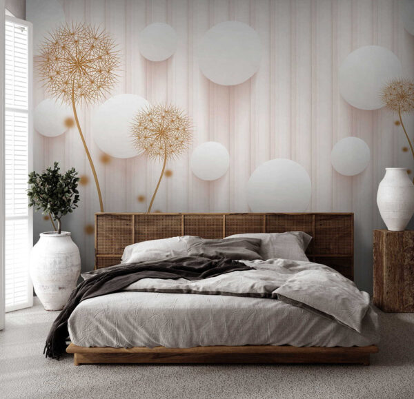 White circles and dandelions on a white background White circles and dandelions on a white background