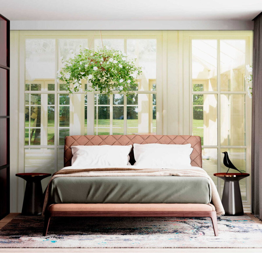 White patio door with glass windows and a potted plant from it