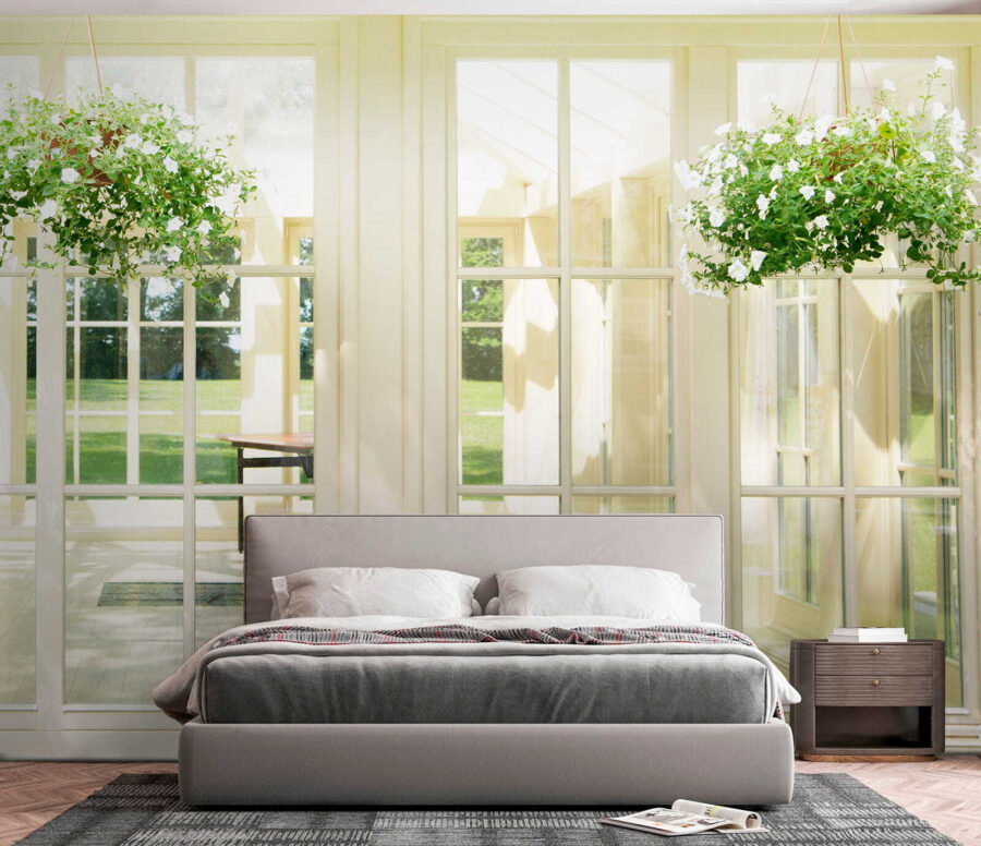 White patio door with glass windows and a potted plant from it