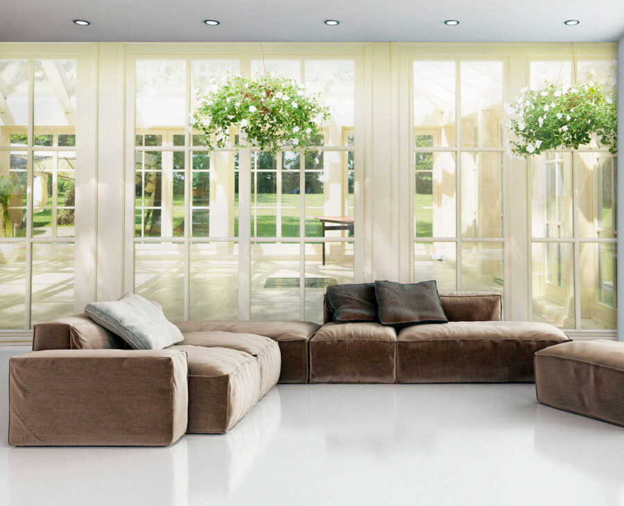 White patio door with glass windows and a potted plant from it