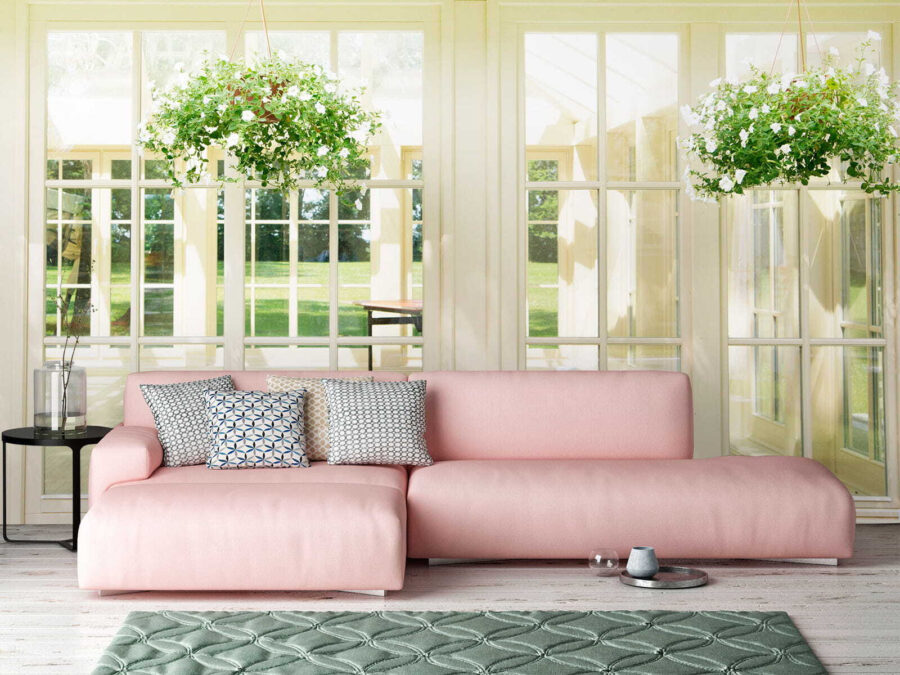 White patio door with glass windows and a potted plant from it