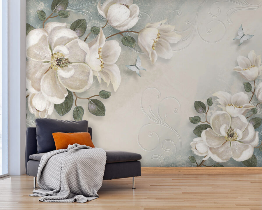 White flowers and leaves on a white background