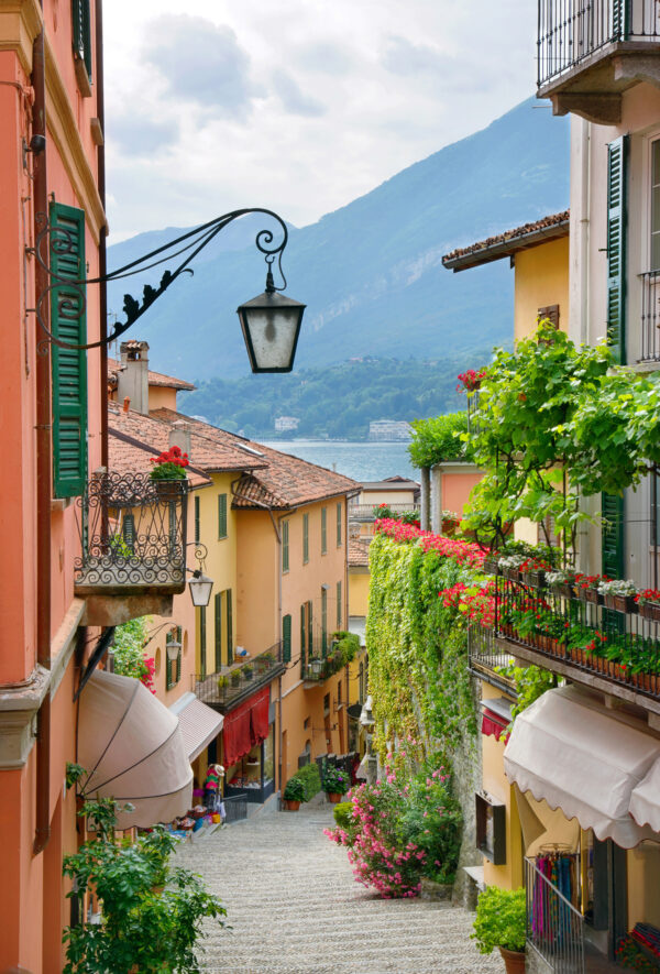 Street with a lamp and flowers on it Street with a lamp and flowers on it