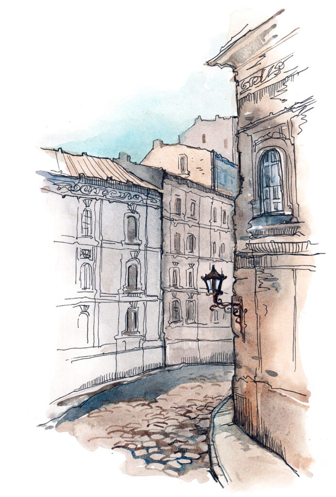 Drawing of a street with buildings Drawing of a street with buildings