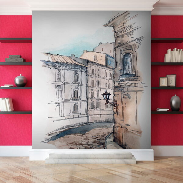 Drawing of a street with buildings Drawing of a street with buildings