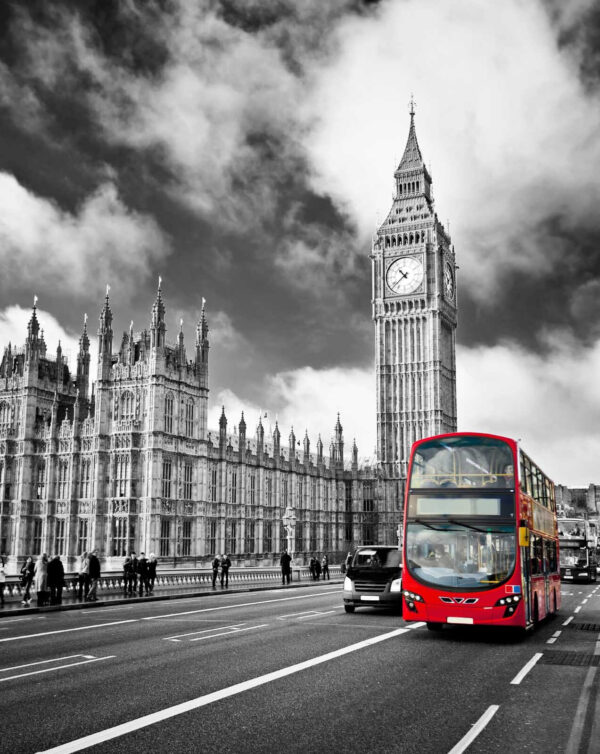 Red double decker bus on a street with a clock tower in the background u56834p 600x754 - Red double decker bus on a street with a clock tower in the background - tegory