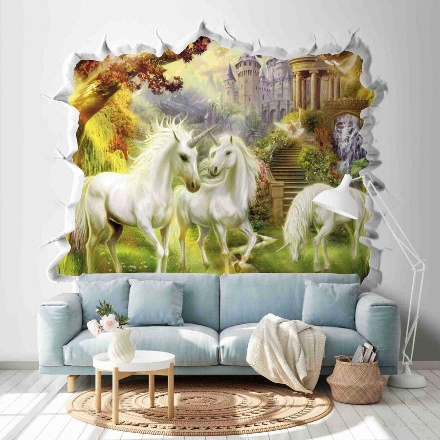 Wall murals Wall with a castle and unicorns