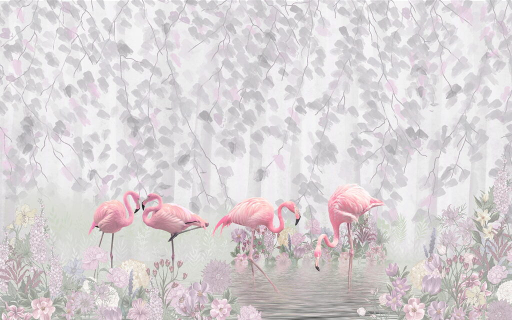 Group of pink flamingos in a pond with flowers u60027p 1024x640 - Group of pink flamingos in a pond with flowers - tegory