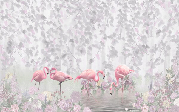 Group of pink flamingos in a pond with flowers u60027p 600x375 - Group of pink flamingos in a pond with flowers - tegory