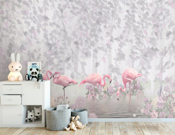 Group of pink flamingos in a pond with flowers u60027pir1 600x465 - Group of pink flamingos in a pond with flowers - tegory