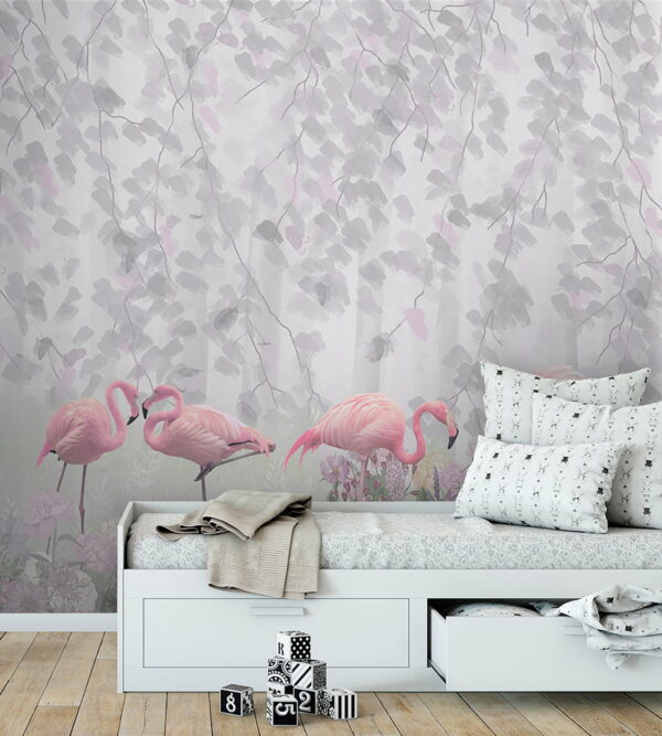 Group of pink flamingos in a pond with flowers u60027pir2 600x667 - Group of pink flamingos in a pond with flowers - tegory