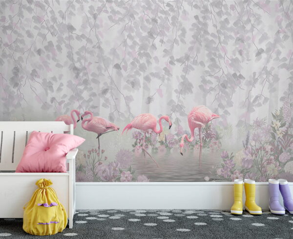Group of pink flamingos in a pond with flowers u60027pir3m 600x489 - Group of pink flamingos in a pond with flowers - tegory
