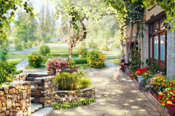 Stone walkway with a tree and flowers u60046p 600x397 - Stone walkway with a tree and flowers - tegory