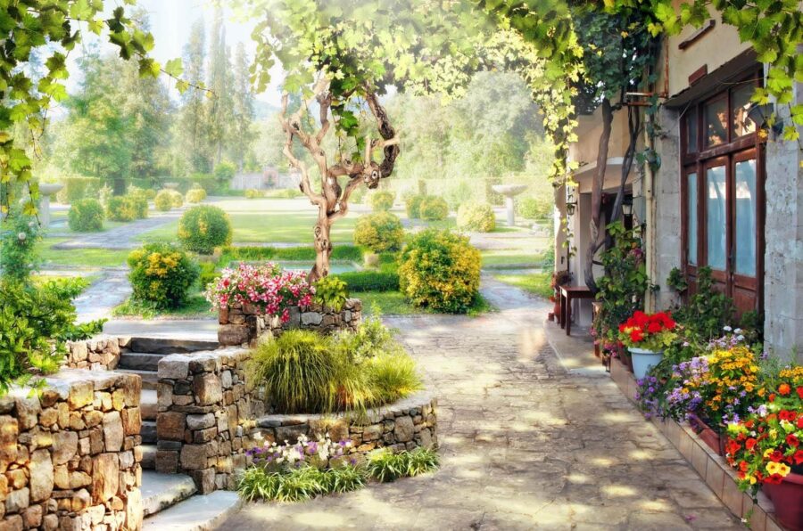 Stone walkway with a tree and flowers u60046p 900x596 - Stone walkway with a tree and flowers - tegory