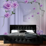 Wall murals Wallpaper with purple roses and a staircase