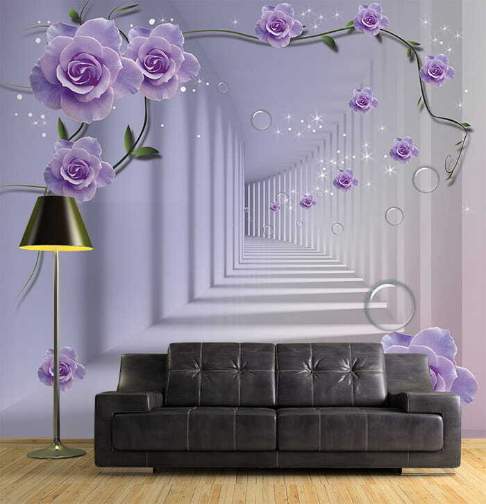 Wallpaper with purple roses and a staircase