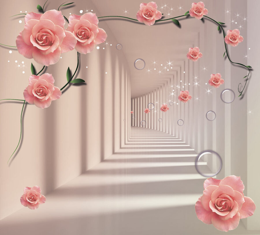 Wallpaper with pink roses and white stairs