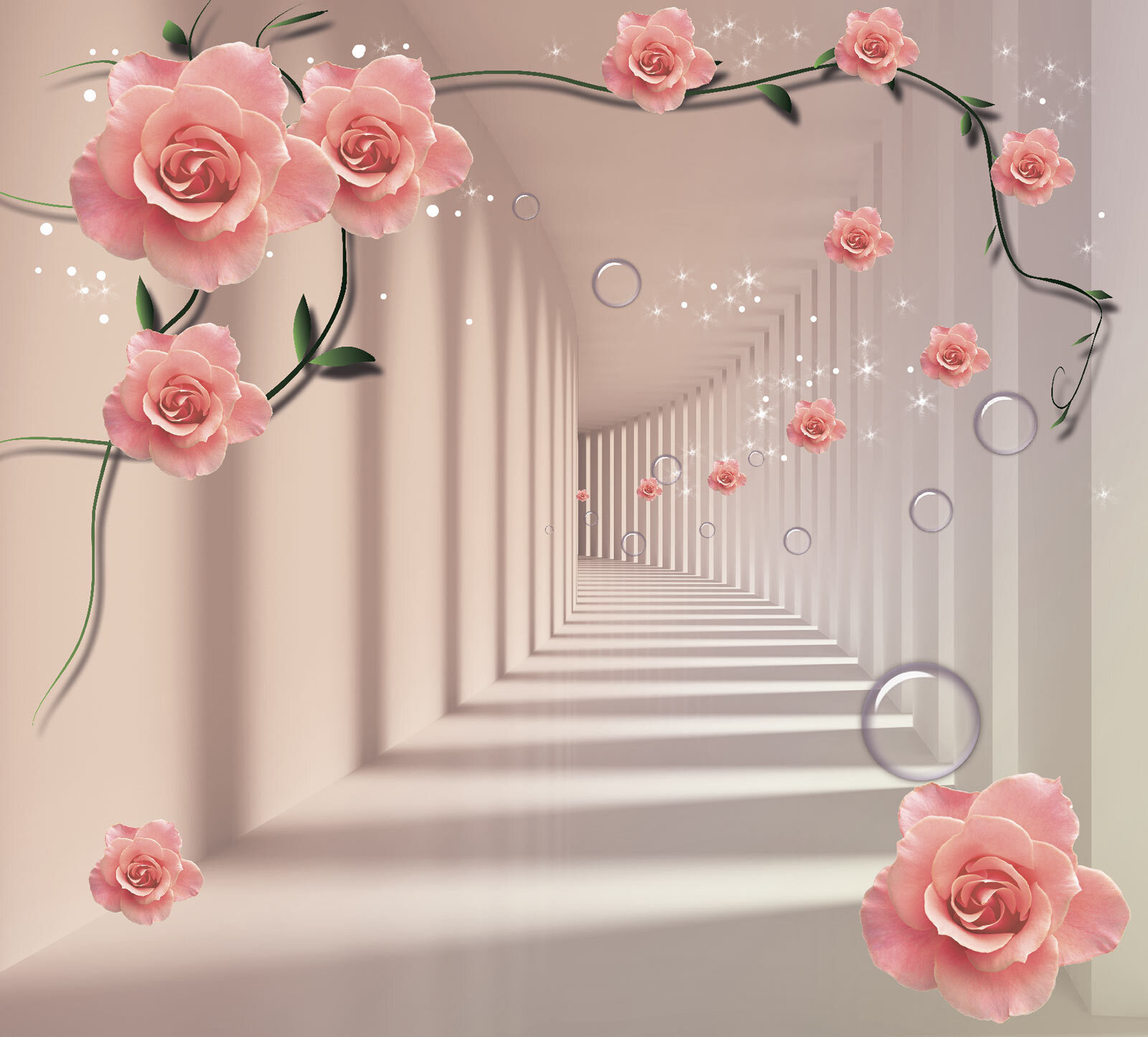 Wallpaper with pink roses and white stairs u60194v3p - Wallpaper with pink roses and white stairs - tegory