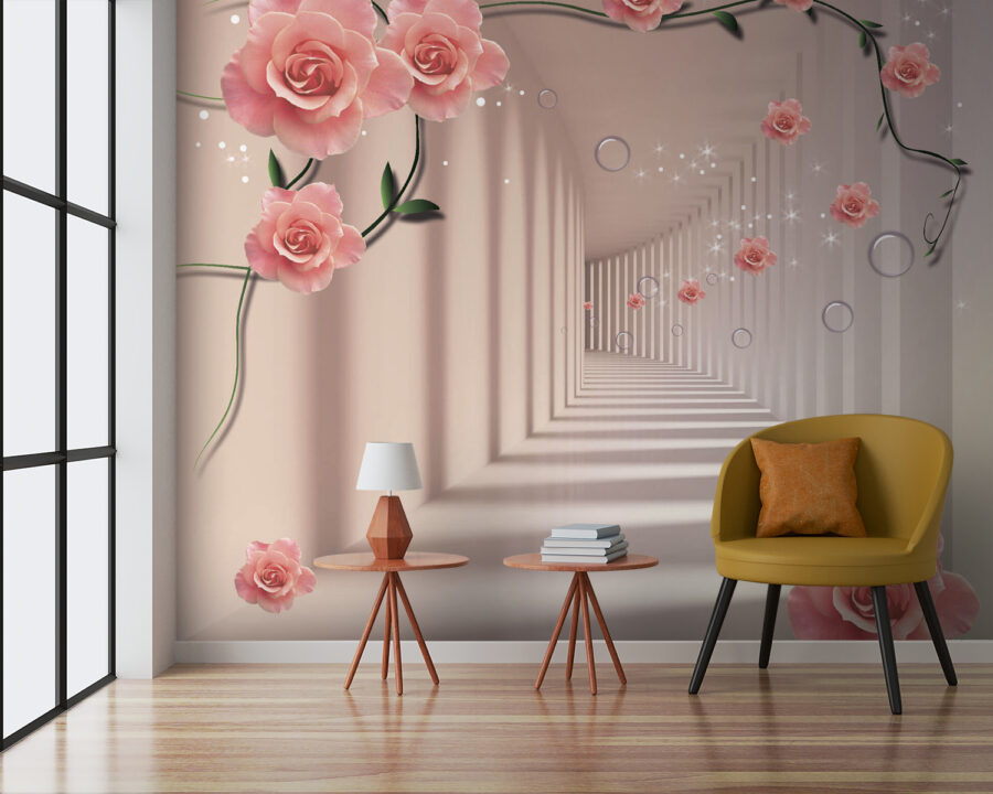 Wallpaper with pink roses and white stairs