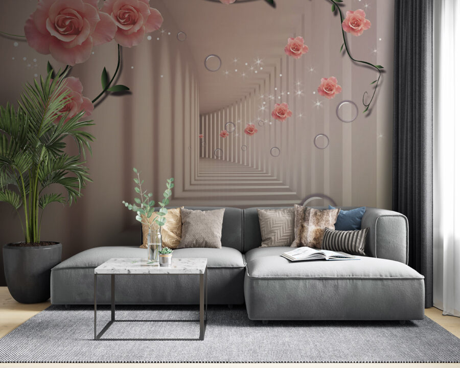 Wallpaper with pink roses and white stairs