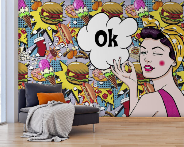 Wall murals Woman holding a bubble with food Wall murals Woman holding a bubble with food
