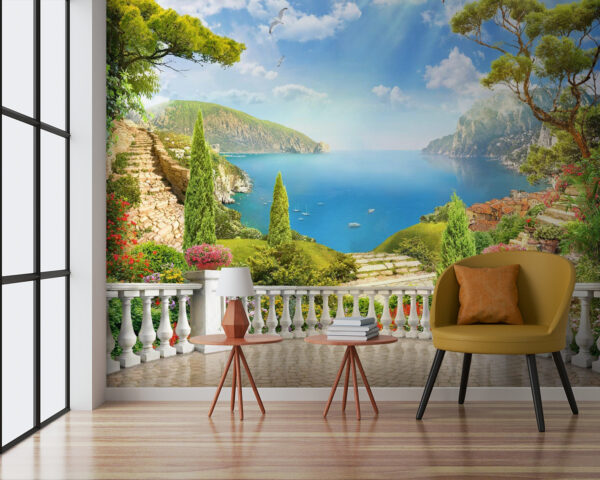 Balcony with a view of a lake and trees Balcony with a view of a lake and trees