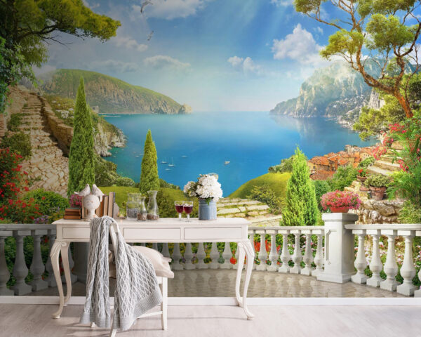 Balcony with a view of a lake and trees Balcony with a view of a lake and trees