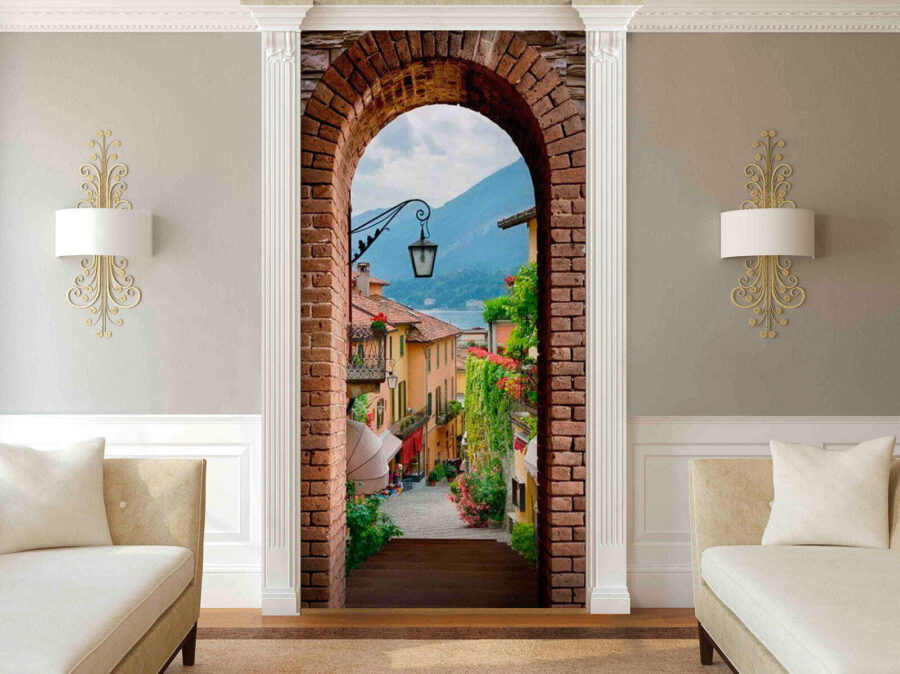 Brick arch with a street light and a view of a town