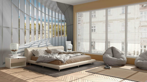 Large room with windows and a beach view Large room with windows and a beach view