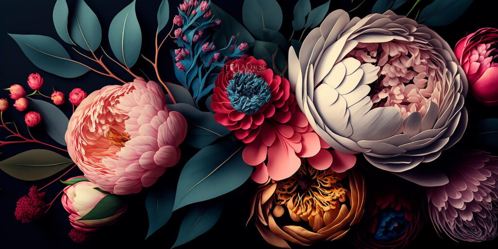 Group of flowers with leaves Group of flowers with leaves